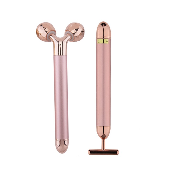 Set masaj facial 2 in 1, role 3D si T, metal, negru cenusiu si auriu roz, 15x6cm