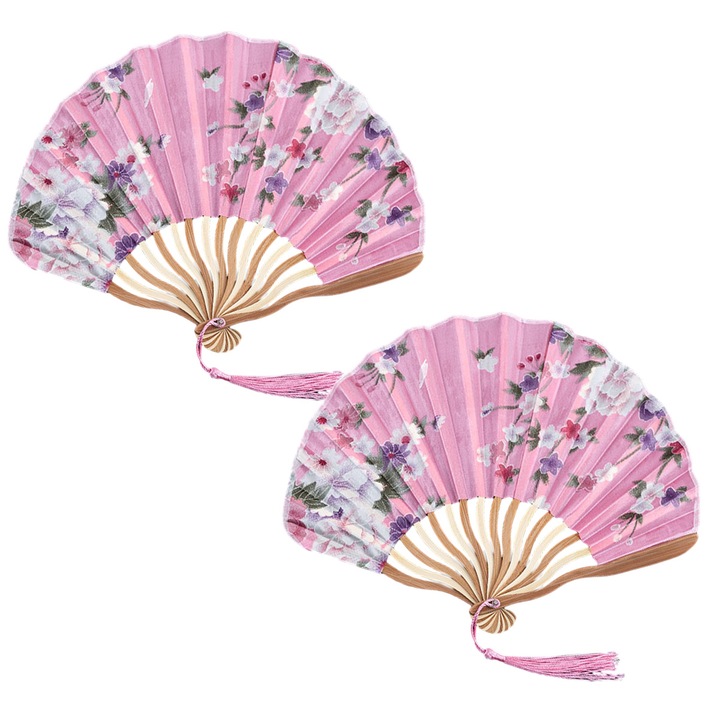 2 db bambusz összecsukható legyező, régi stílusú, növényi festményes, kínai stílusú, kis méretű