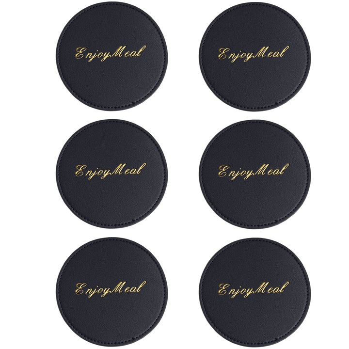 6 db kerek PU bőr poháralátét, vízálló, modern design, fekete színű