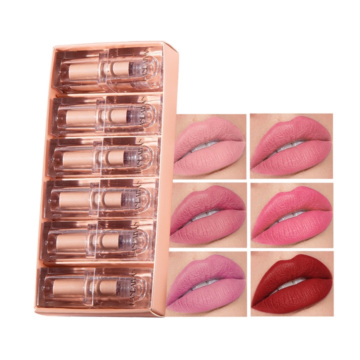Set de rujuri mate nude, 6 culori catifea, rezistent la apa, pentru fete si femei
