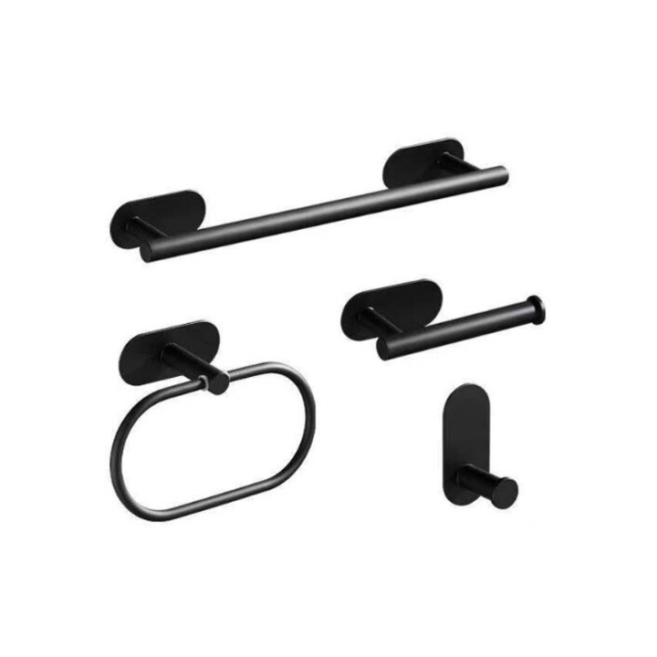 Set accesorii baie 4 piese, suport prosop, cuier baie, suport hartie igienica din otel inoxidabil, pentru baie/bucatarie, fara gauri in pereti, 40 cm, negru, Topautochei®