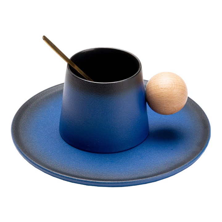 Cana de cafea ceramica cu suport din lemn, gradient albastru, 200ml, set