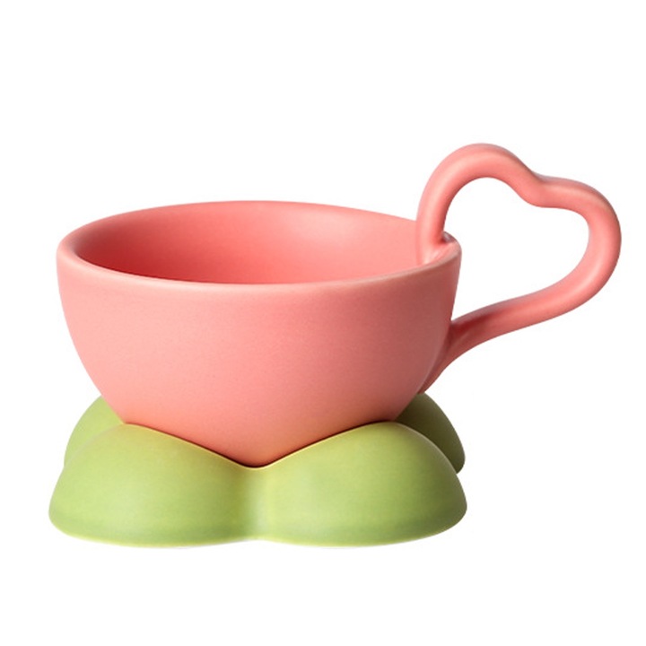 Set ceasca si farfurioara pentru cafea, Ceramica, Roz/Verde, 160 ml