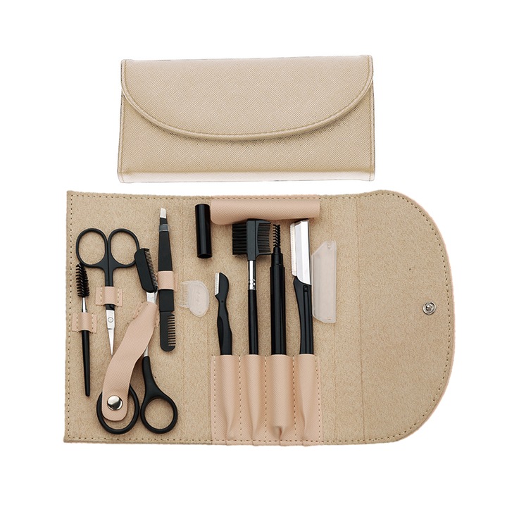 Set de 8 piese pentru sprancene, curbat, roz/negru/kaki, 17x8cm