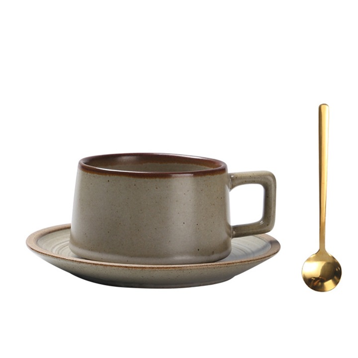 Set cana de cafea ceramica 220ml, farfurie 15.2x15.2x1.8cm, lingura 15x3cm