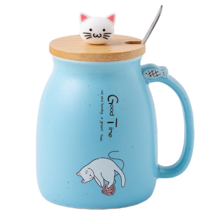 Set cana ceramica cu lingurita si capac, multicolor, 450ml, 7x11cm