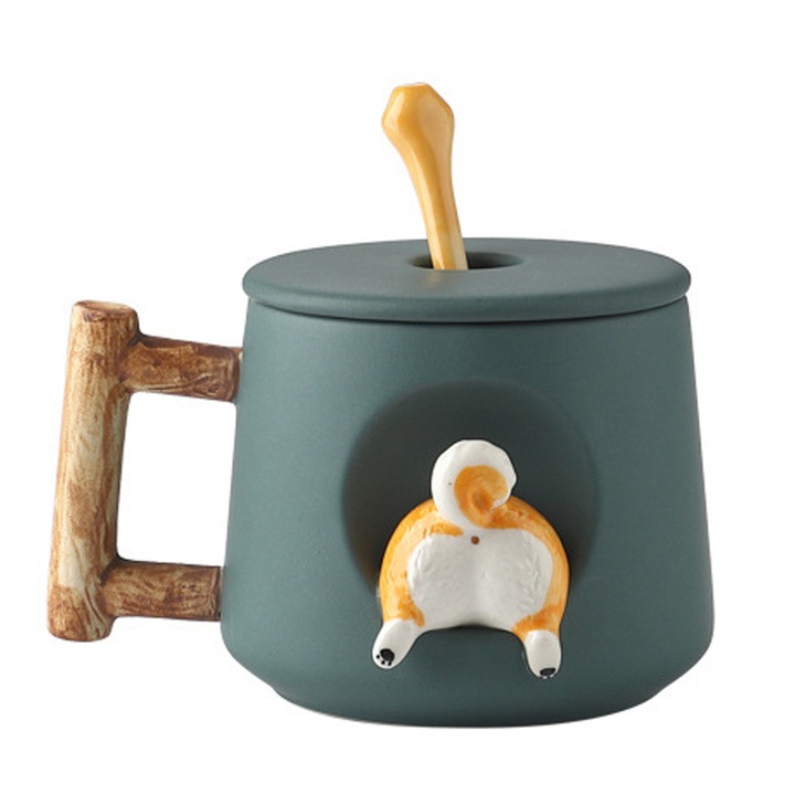 Cana cu capac si lingurita, Ceramica, Verde, 420 ml