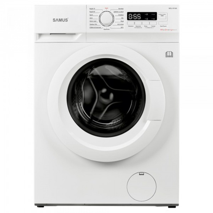 Пералня Samus WSLI-9144, 9 кг, Инверторен мотор, 1400 оборота, 15 програми, Енергиен клас А, Slim, Регулируем термостат, Почистване на барабана, Заключване за деца, Бяла