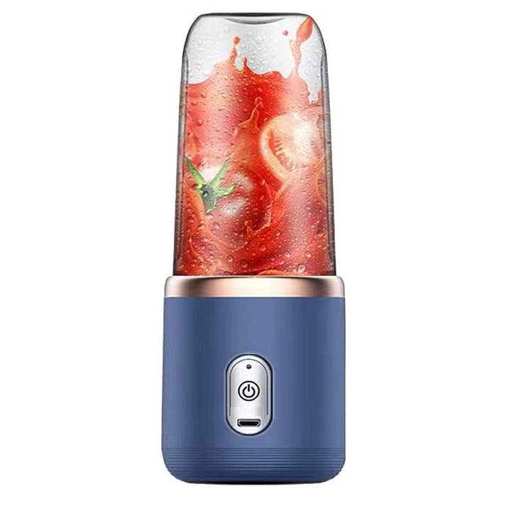 Ръчна сокоизстисквачка, пластмасова, USB презареждаема, 6 ножчета, 200 W, 5,3 x 22 x 3,93 см, синьо/златно