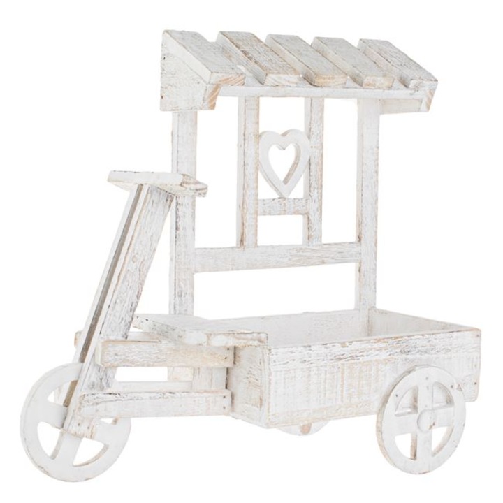 Suport Ghiveci Decorativ din Lemn Alb Brushed Carucior cu Roti 38x16x36cm