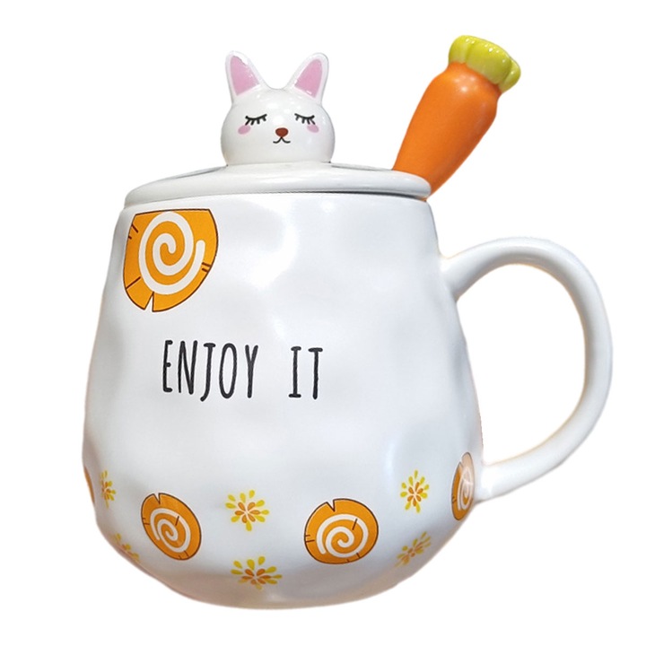 Cana, Ceramica, Capac si lingurita, 400 ml, 9 x 13 cm, Multicolor