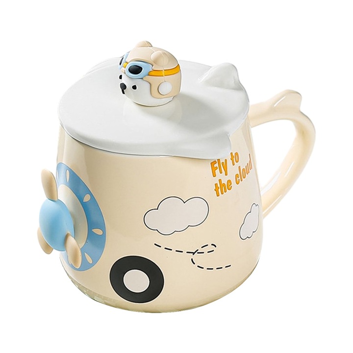 Cana ceramica cu capac si lingurita, 400 ml, Multicolor