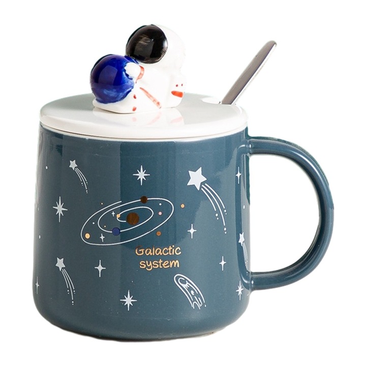 Cana ceramica cu capac si lingurita, 350ml, multicolor, 8.5x8.5cm, set