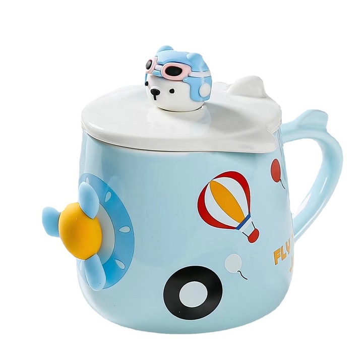 Cana ceramica cu capac si lingurita, 400ml, 8.5x8.5cm