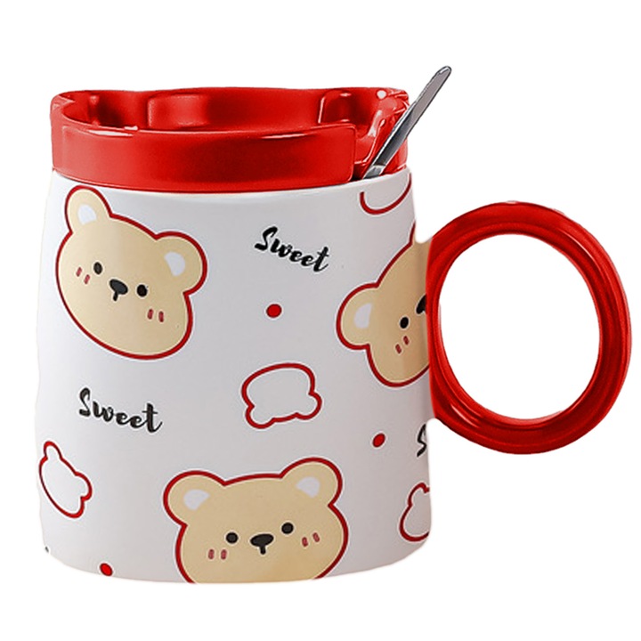 Cana ceramica cu capac si lingurita, 420ml, 9x8.2cm