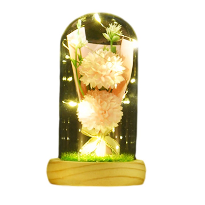 Lampa de veghe, Trandafir artificial in cupola de sticla cu lumina LED, roz