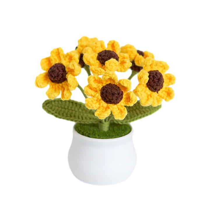 Vaza decorativa mica, flori tricotate, galben, 10x11cm, 1 buc