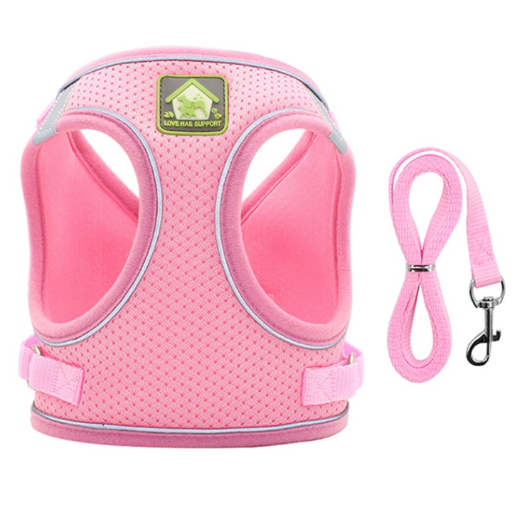 Set ham si lesa pentru caini, roz, marimea XL, 47-52cm circumferinta pieptului, 150cm lungime lesa