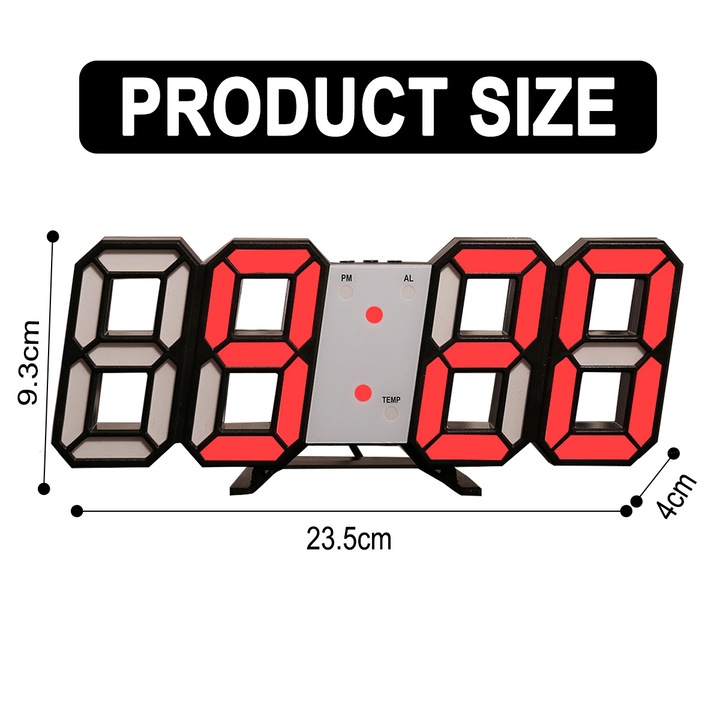 Ceas decorativ multifunctional, afisaj 3D LED, temperatura, alarma, multicolor, 235x93x18mm