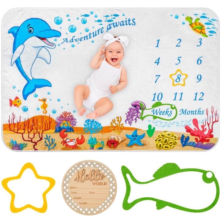 Paturica Aniversara FizioTab® Milestone, Fina si Pufoasa pentru Fotografii Memorabile Bebelusi, 100x150 cm, Chenare Selectare Varsta si Card din Lemn, Delfin