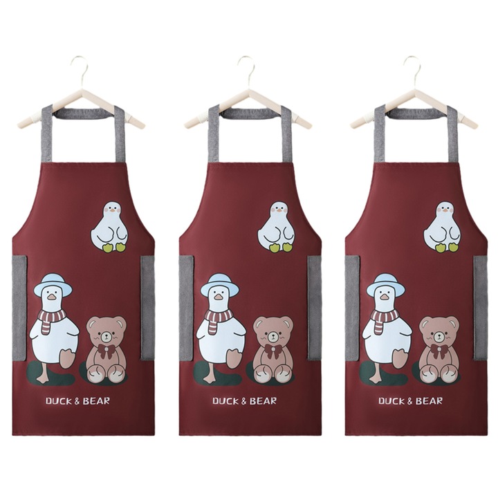 Set 3 sorturi de bucatarie, impermeabile, visiniu, 75x80cm, model rata si urs