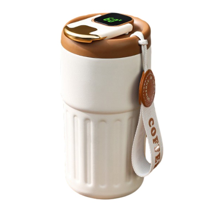 Termos, inox, ceasca de cafea izolata cu capac si franghie de transport, multicolor