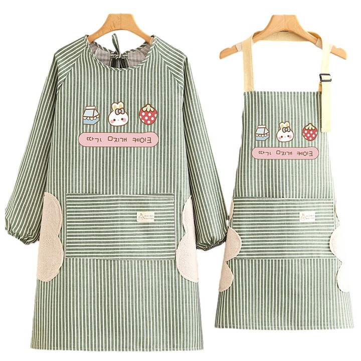 Set 2 sorturi bucatarie, bumbac si in, verde/alb, 70x75cm