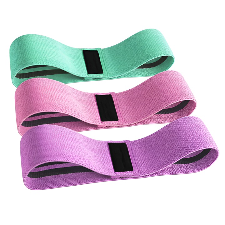 Set 3 Benzi Elastice pentru Antrenament Teno®, 3 niveluri de rezistenta, tesatura rezistenta, pentru incepatori/intermediari/avansati, culori pastelate