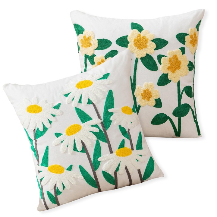 Set de 2 fete de perna decorative cu model floral, patrate, pentru canapea, sufragerie, 45x45 cm, 10, 2 cm