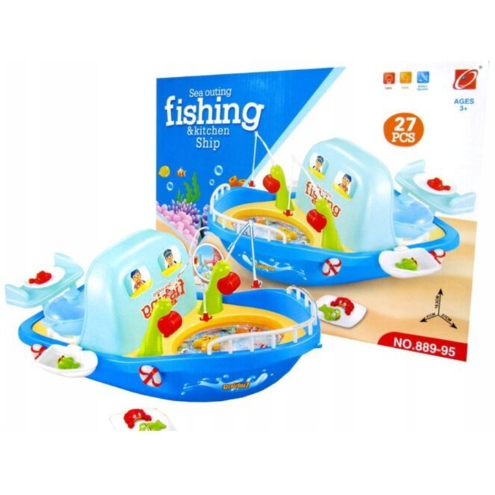 Set de joaca interactiv pentru copii, TK Import, pescuit si bucatarie pe nava, lumini si sunete, multicolor, 41x27x19.5cm