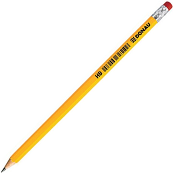 Creion cu radiera, DONAU, lemn lacuit, HB, galben, 18.5cm