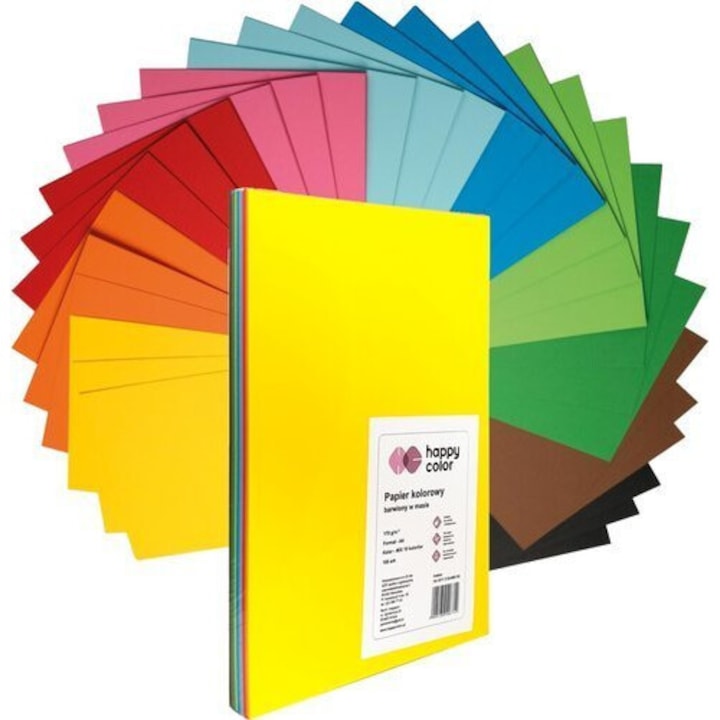 Комплект 100 листа цветна хартия, Happy Color, картон, A4, 170g/m2, многоцветен