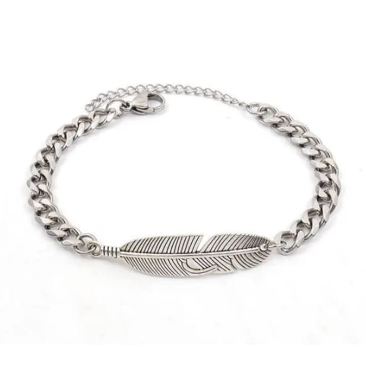 Bratara Feather, Pandantiv pana, Lant din zale metalice, Barbati, Fashion, Argintiu