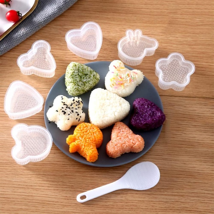 HERUSI 6 db-os onigiri forma készlet, tapadásmentes, fehér, 10x10x5cm, spatulával