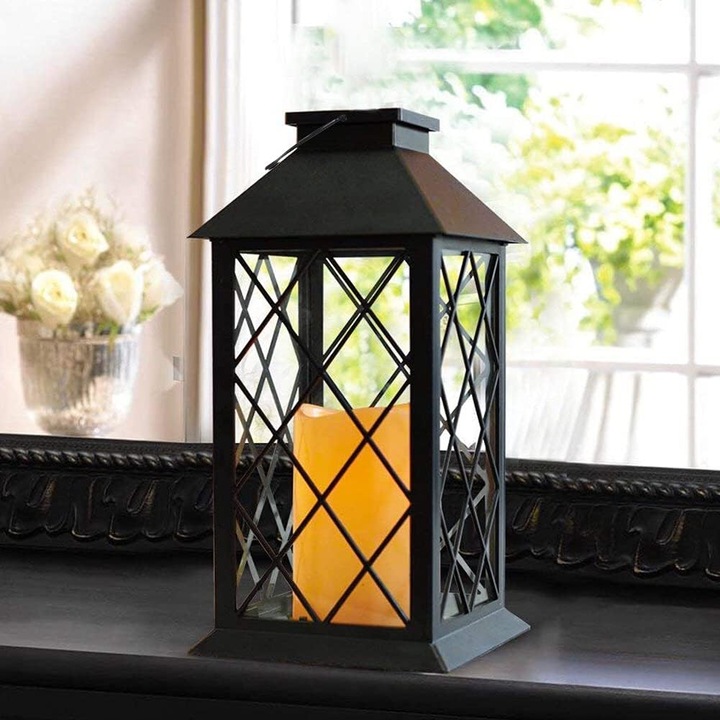 Felinar decorativ gradina 28x10x28cm LED lumina galbena fara flacara, plastic, suspendat
