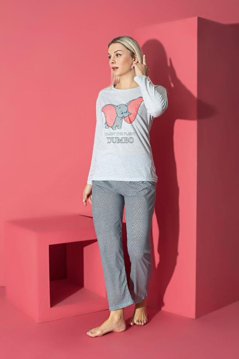 Pijama Femei,Maneca Lunga, Dumbo, Bumbac, Gri, Gri/Gri inchis
