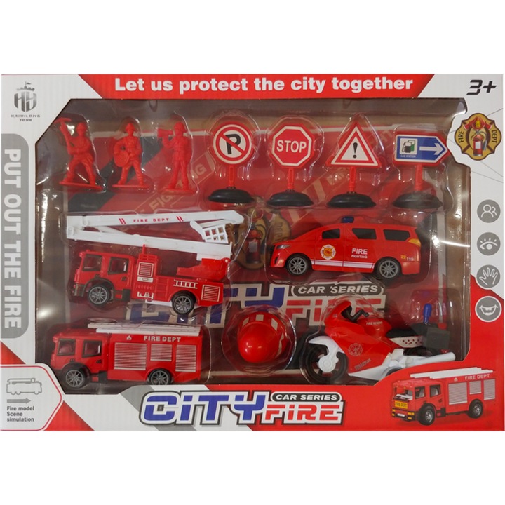 Artyk tűzoltó figurák és járműkészlet, 3 figura, 2 jármű, többszínű, 36x26x6,5 cm