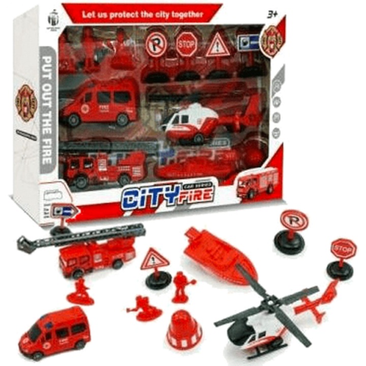 Artyk játékkészlet, tűzoltóautók, figurák, közlekedési táblák, helikopter, többszínű, 36x26x6,5 cm