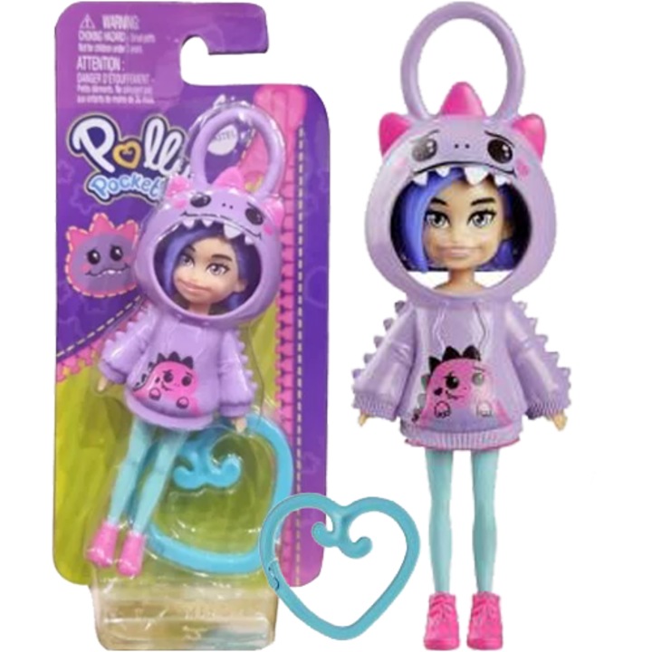 Фигурка Polly Pocket, Mattel, с висулка динозавър, лилаво/синьо, 10 см, 4+ години