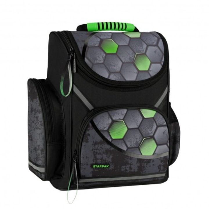 Starpak Football ergonomikus hátizsák, fényvisszaverő elemekkel, fekete-zöld, 37x32x22cm