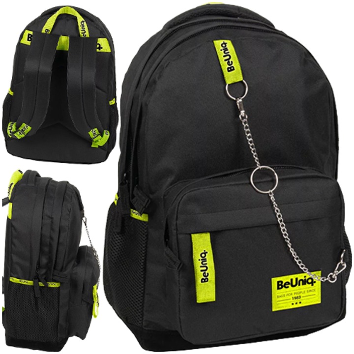 Ежедневна ученическа раница PASO BeUniq, 2 отделения, странични джобове, черна, 42x29x18см