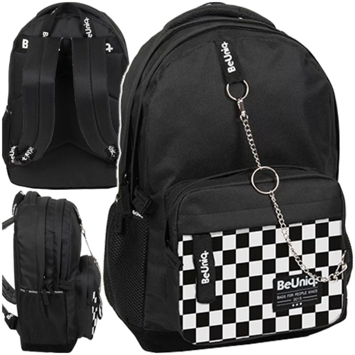 Ученическа раница PASO BeUniq Casual, преградна, със странични джобове, черна, 42x29x18см