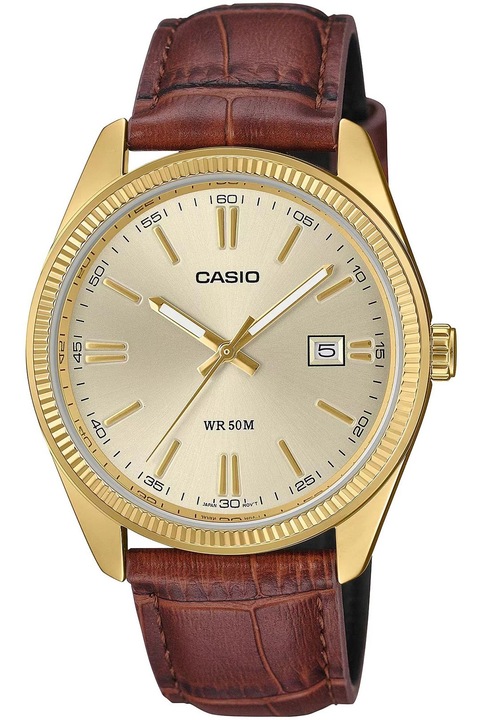 Ceas Casio Timeless Collection, mecanism quartz, auriu/maro, metal/piele naturala