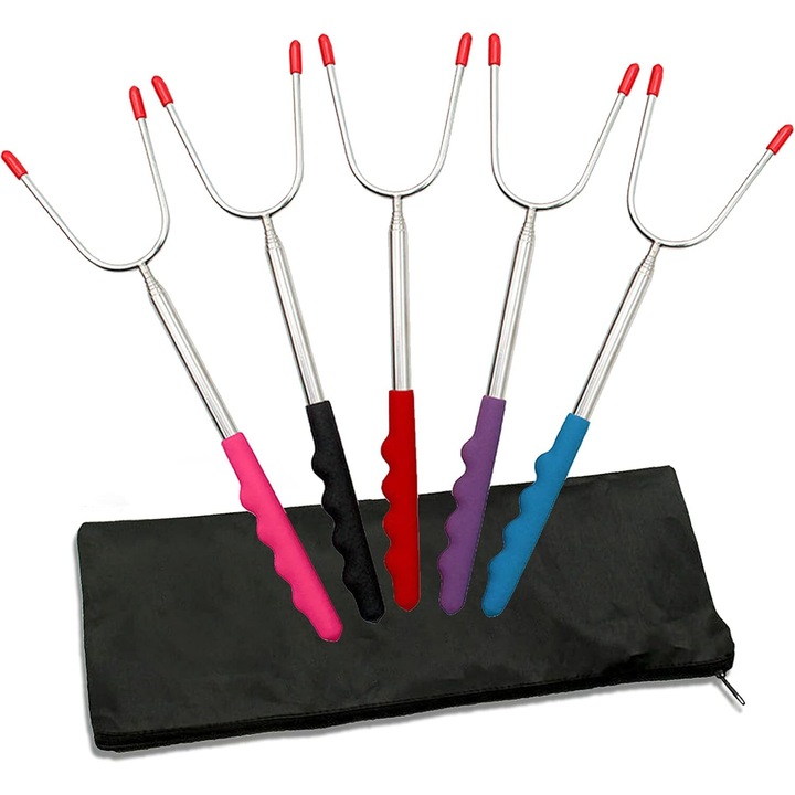 Ustensile pentru friptura, AMRINUGL, telescopice, din otel inoxidabil, manere PVC confortabile, set de 5 unelte multicolore
