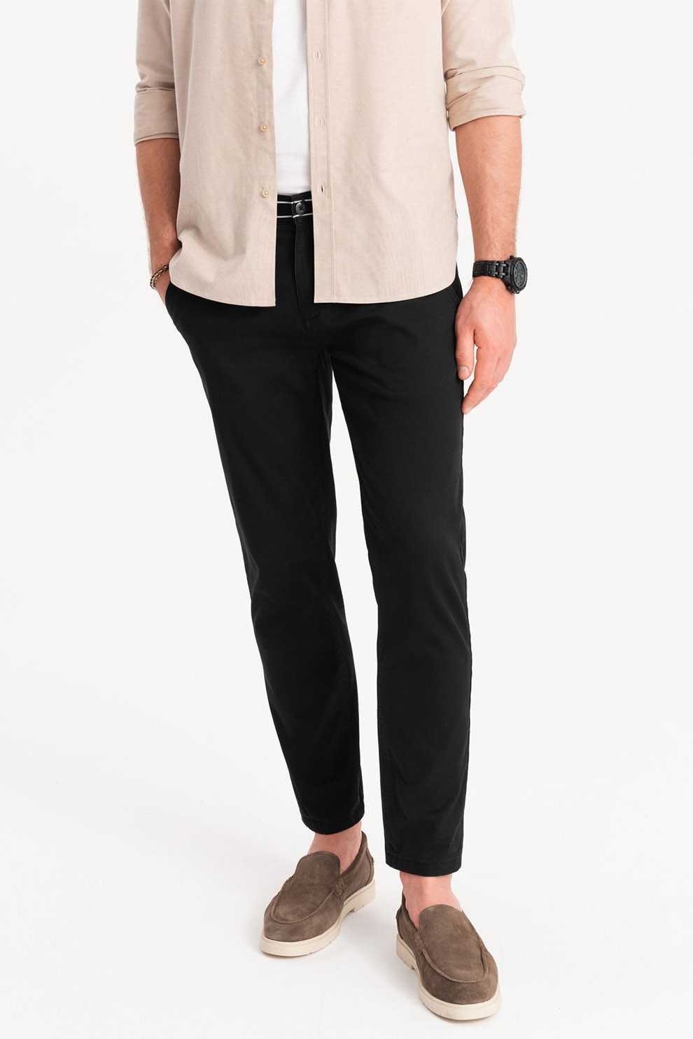 OMBRE, Pantaloni cu croiala conica si buzunare laterale, Negru, L