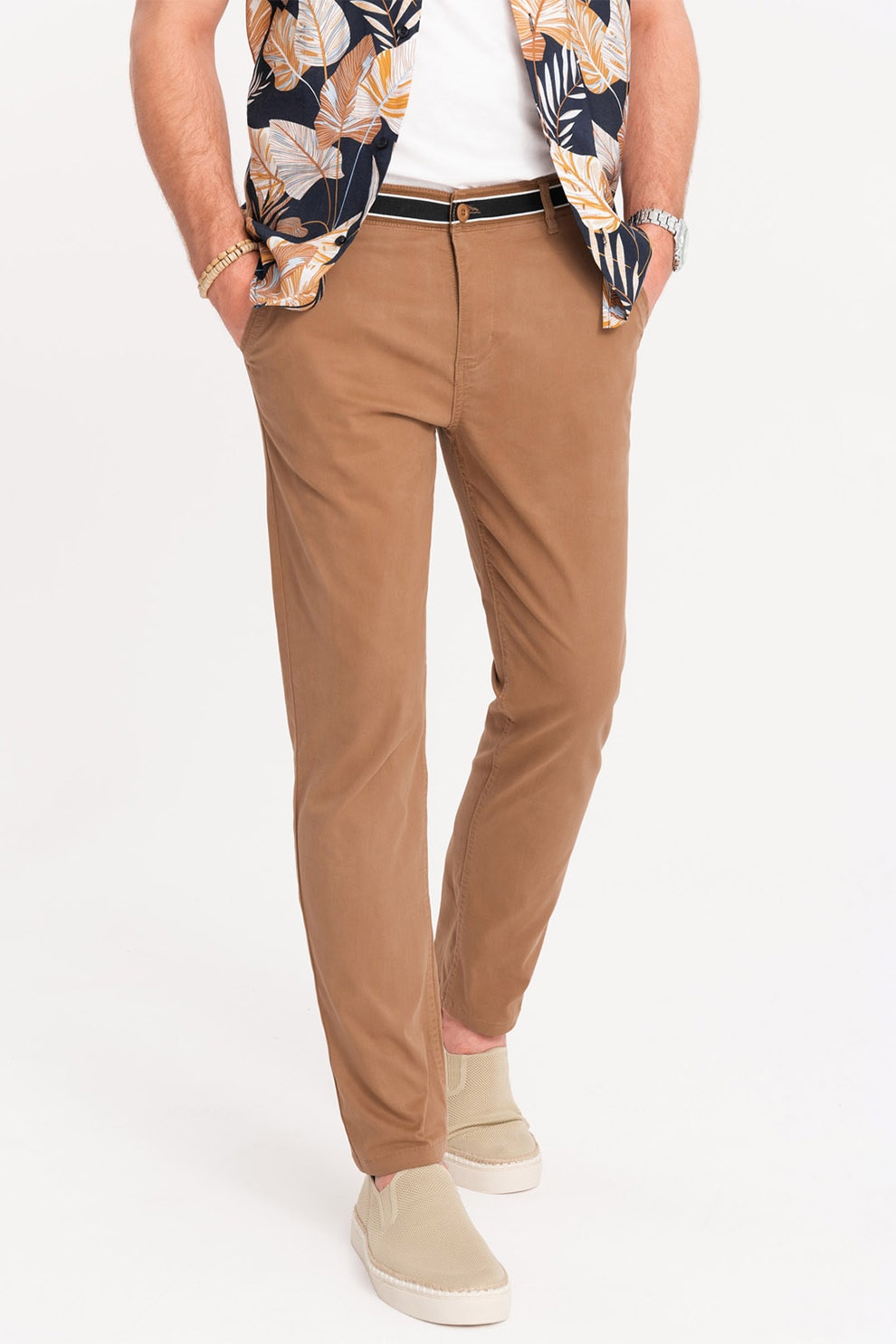 OMBRE, Pantaloni cu croiala conica si buzunare laterale, Maro camel, M