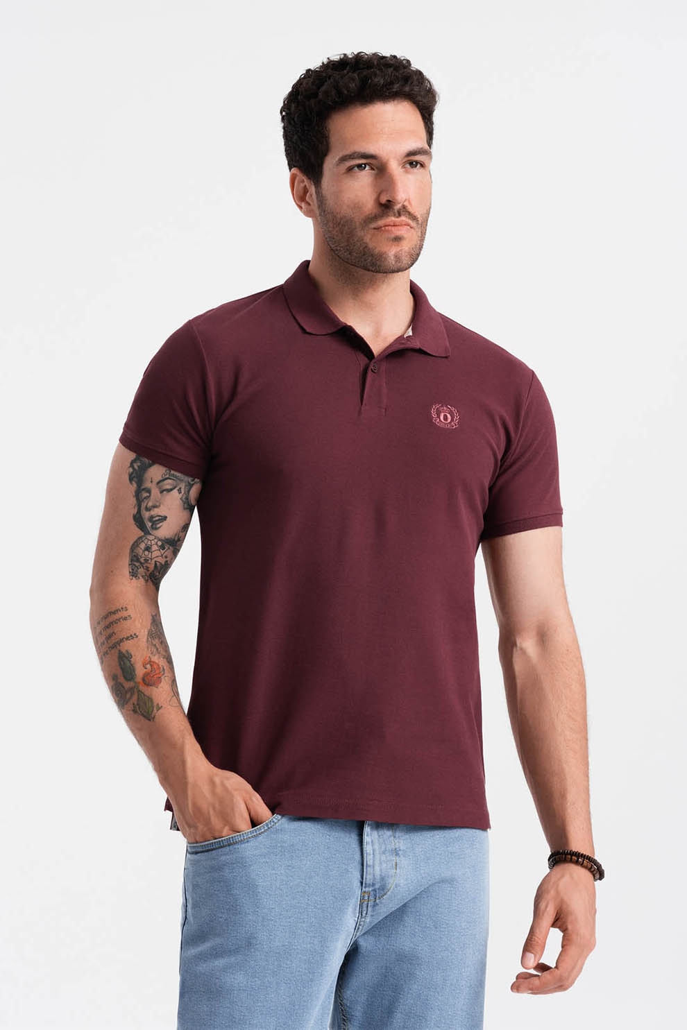 OMBRE, Tricou polo cu model uni, Visiniu, S