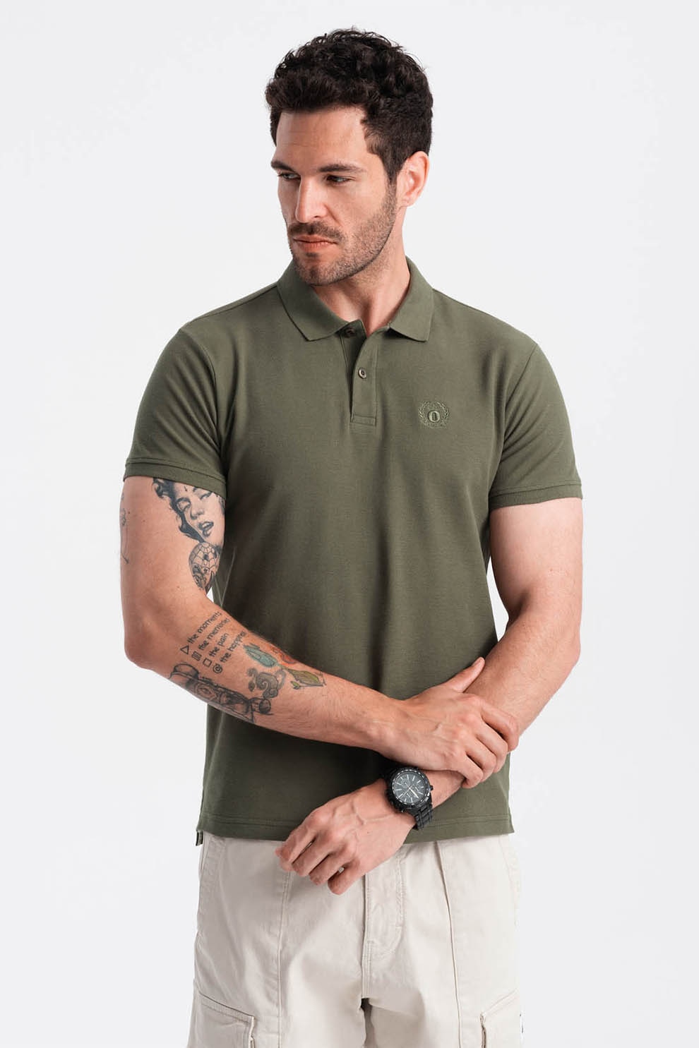 OMBRE, Tricou polo cu model uni, Verde inchis, L