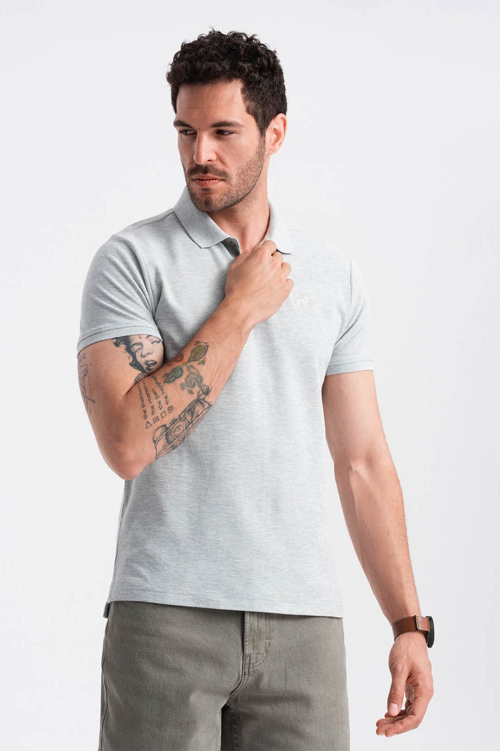 OMBRE, Tricou polo cu model uni, Gri deschis melange, S