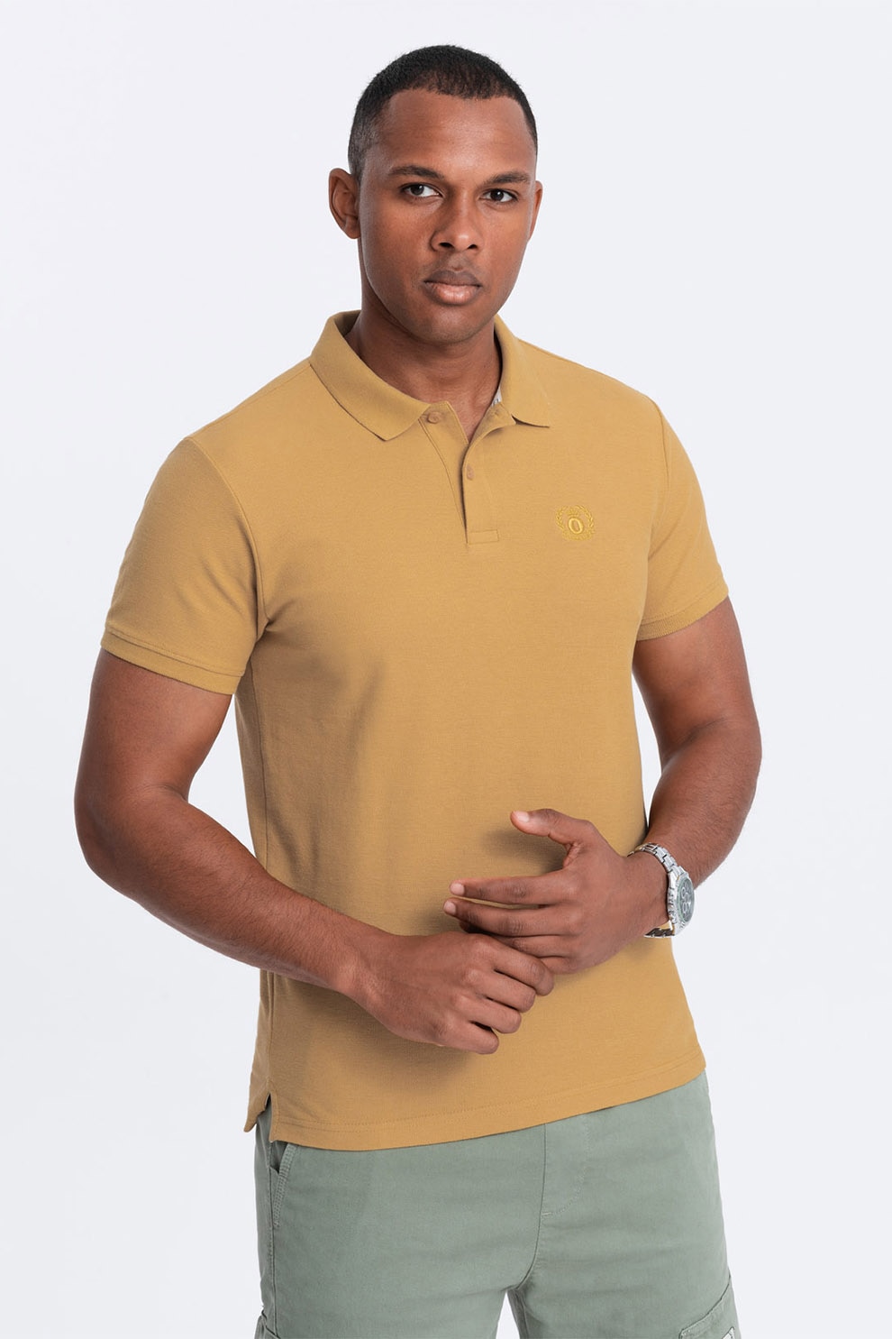 OMBRE, Tricou polo cu model uni, Galben mustar, M